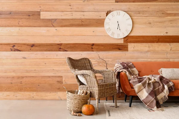 Interior Stylish Living Room Red Sofa Pumpkin Wicker Armchair — Stock Photo, Image