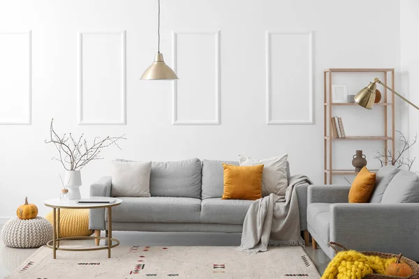 Interior Light Living Room Grey Sofas Shelving Unit — Stock Photo, Image