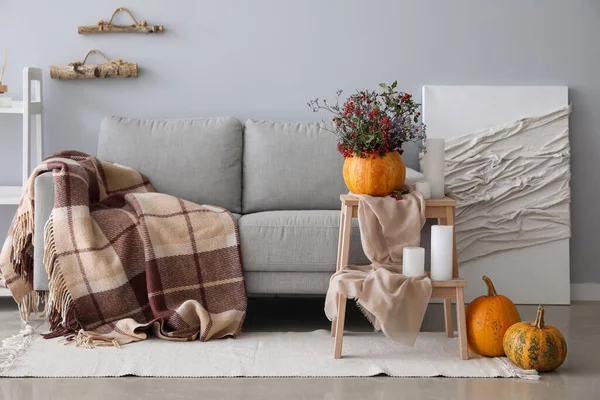 Interior of light living room with autumn flowers in pumpkin, stepladder and sofa