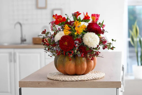 Pumpkin Autumn Flowers Counter Kitchen — Stock Photo, Image