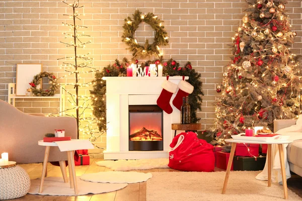 Belső Tér Télapó Táska Kandalló Karácsonyfa — Stock Fotó