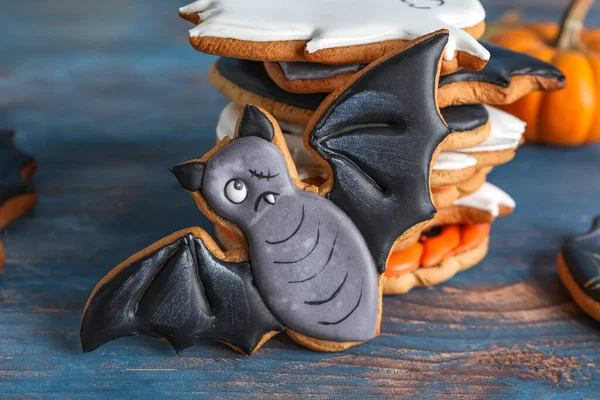 Tasty Halloween Cookies Blue Wooden Background Closeup — Stock Photo, Image