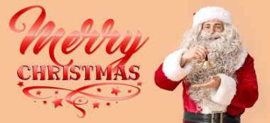 Bej arka planda Noel çanı olan Noel Baba. Mutlu Noeller.