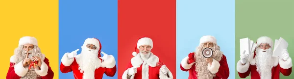 Renk Arkaplan Üzerinde Farklı Noel Babalar Kümesi — Stok fotoğraf