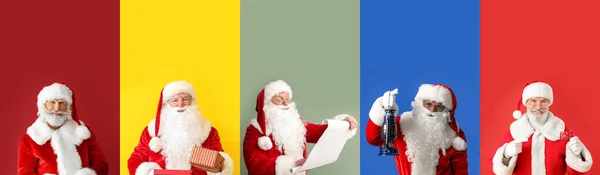 Collage Mit Weihnachtsmännern Auf Farbigem Hintergrund — Stockfoto