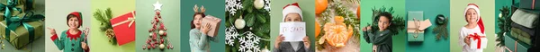 緑の背景にクリスマスプレゼント 冬服や装飾を持つ幸せな子供たちとお祭りのコラージュ — ストック写真