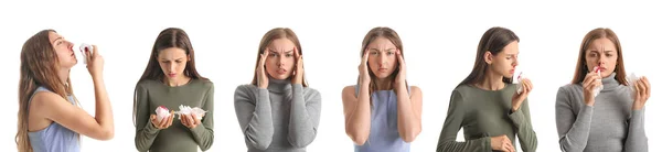 Conjunto Mujeres Con Hemorragia Nasal Sobre Fondo Blanco —  Fotos de Stock