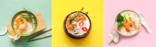 Set Von Leckeren Thai Suppen Auf Farbigem Hintergrund — Stockfoto
