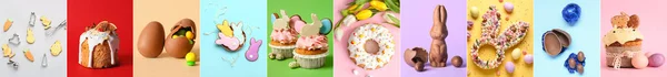 Collage Välsmakande Påsk Desserter Färg Bakgrund — Stockfoto