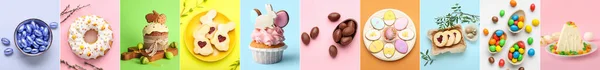 Set Med Välsmakande Påsk Desserter Färg Bakgrund — Stockfoto
