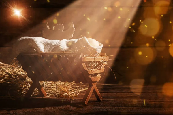 Manger Com Bebé Anjo Celeiro Conceito História Natal — Fotografia de Stock