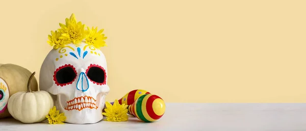 Painted Human Skull Flowers Pumpkins Maracas Color Background Space Text — Stock Photo, Image
