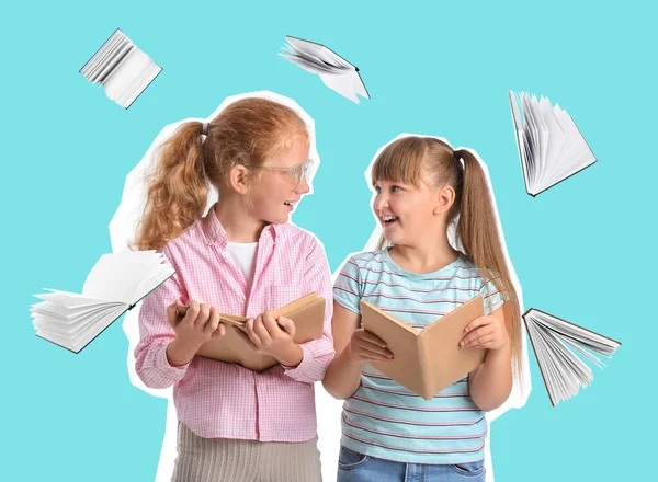 Little girls with many books on light blue background