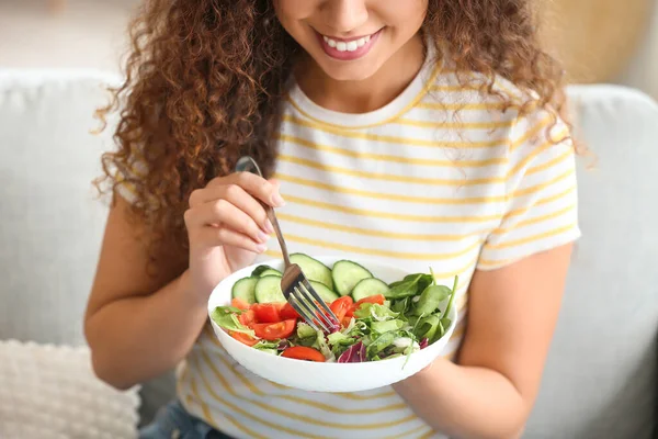 Young African American Woman Eating Healthy Salad Home Diet Concept — Stock Photo, Image