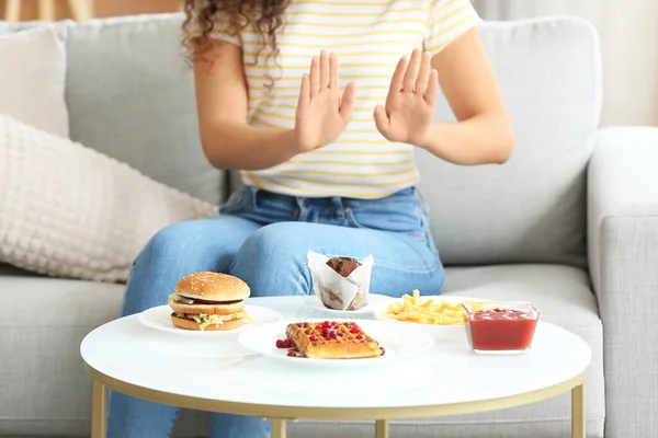 Young African American Woman Refusing Junk Food Home Diet Concept — Stock Photo, Image
