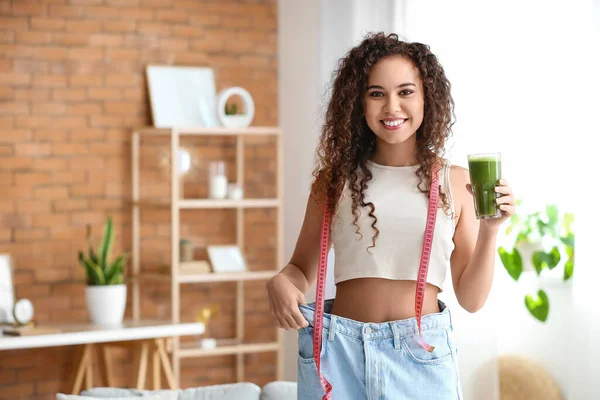 Happy Young African American Woman Loose Clothes Smoothie Measuring Tape — Stock Photo, Image