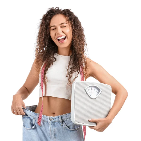 Happy Young African American Woman Loose Clothes Scales Measuring Tape — Stock Photo, Image