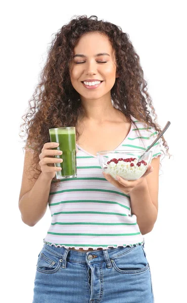 Happy Young African American Woman Cottage Cheese Smoothie White Background — Stock Photo, Image