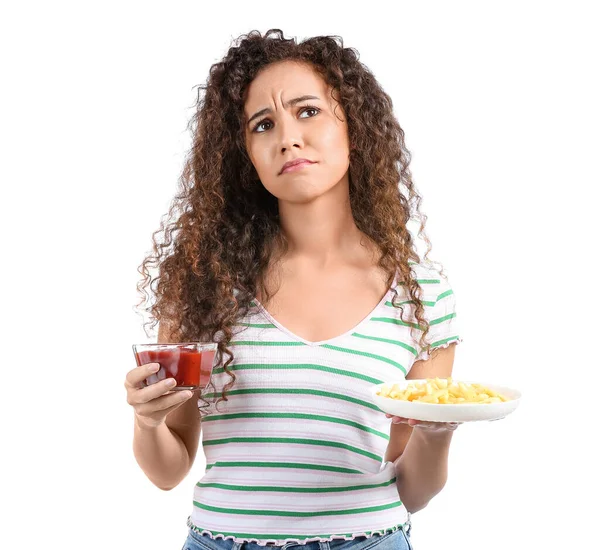 Emotional Young African American Woman Unhealthy Food White Background Diet — Stock Photo, Image