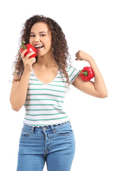 Happy Young African American Woman Bell Pepper White Background Diet — Stock Photo, Image