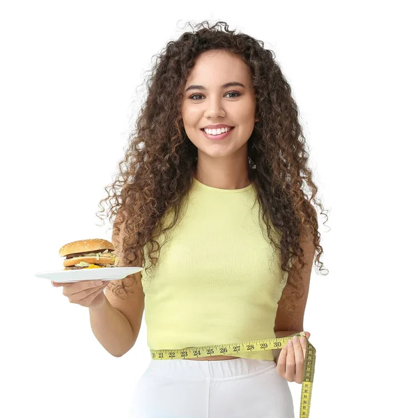 Happy Young African American Woman Measuring Tape Burger White Background — Stock Photo, Image