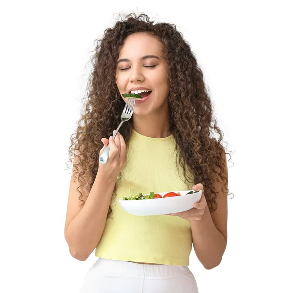 Happy Young African American Woman Fresh Salad White Background Diet — Stock Photo, Image