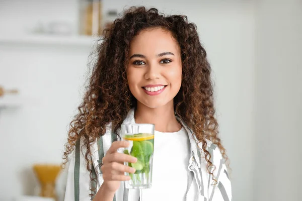 Young African American Woman Drinking Infused Water Kitchen — Stock Photo, Image