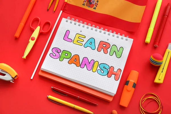 Notebook Text Learn Spanish Flag Stationery Supplies Red Background — Φωτογραφία Αρχείου