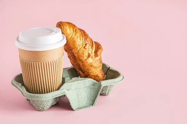 Holder Paper Cup Tasty Croissant Pink Background — Stock Photo, Image