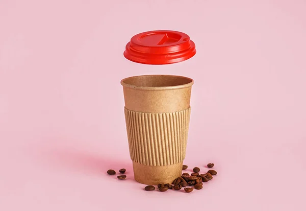 Open Paper Cup Coffee Beans Pink Background — Stock Photo, Image