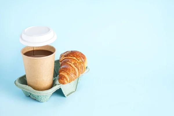 Open Paper Cup Coffee Tasty Croissant Color Background — Stock Photo, Image