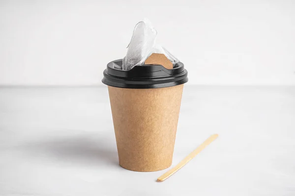 Paper Cup Stick Tea Bag Light Background — Stock Photo, Image
