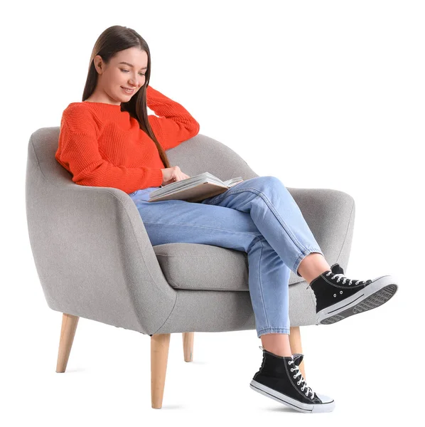 Young Woman Reading Book Soft Armchair White Background — Stock Photo, Image