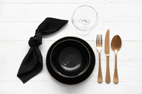 Stylish Table Setting Golden Cutlery Light Wooden Background — Stock Photo, Image