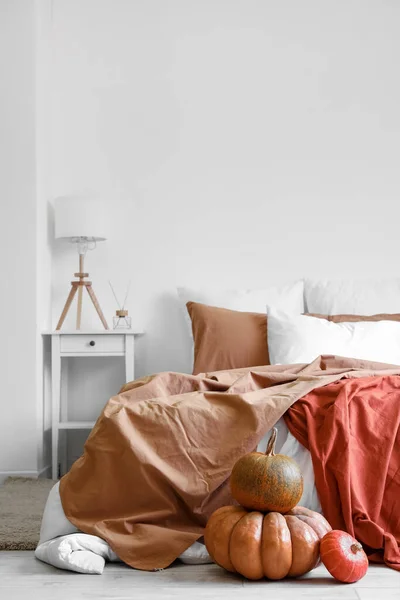 Interior Cozy Bedroom Pumpkins Lamp — Stock Photo, Image