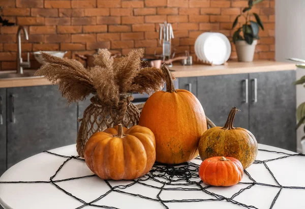 Halloween Kürbisse Und Vase Mit Pampasgras Auf Dem Esstisch Der — Stockfoto