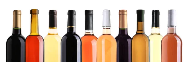 Conjunto Garrafas Com Diferentes Tipos Vinho Sobre Fundo Branco — Fotografia de Stock