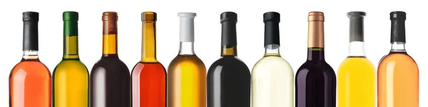 Set Botellas Con Diferentes Tipos Vino Sobre Fondo Blanco — Foto de Stock