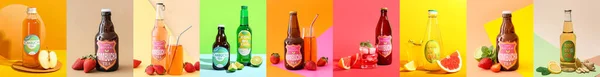 Collection Bottles Fresh Kombucha Drink Color Background — Stock Photo, Image