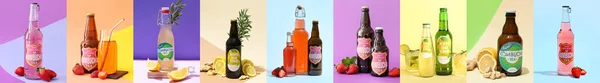 Collage Botellas Con Bebida Fresca Kombucha Sobre Fondo Color —  Fotos de Stock