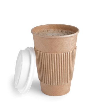 Beyaz arka planda bir fincan kağıt kahve.