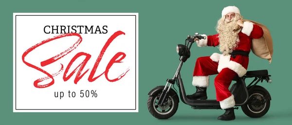Papai Noel Com Saco Andar Bicicleta Fundo Verde Venda Natal — Fotografia de Stock