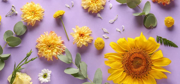 Mooie Compositie Met Verse Bloemen Lila Achtergrond — Stockfoto