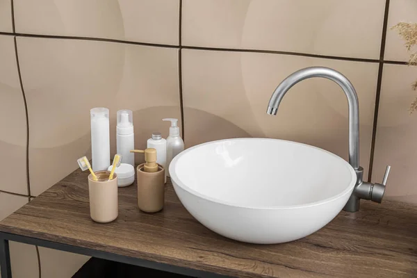 Modern Sink Bath Accessories Tile Wall Closeup — Stock Photo, Image