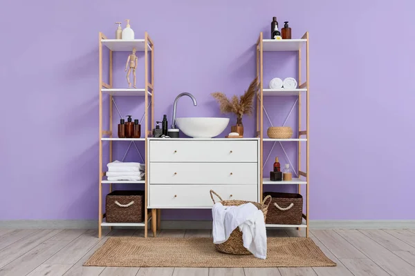 Modern Sink Shelf Unit Different Bath Accessories Color Wall Bathroom — Stock Photo, Image