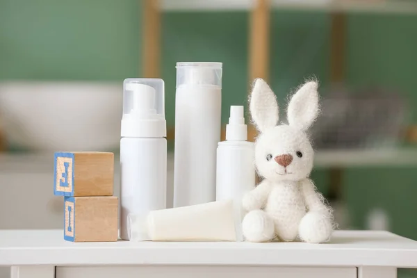 Bath Supplies Children Toys White Table Bathroom — Stock Photo, Image