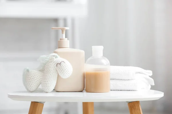 Different Bath Supplies Children Toys White Table Light Bathroom — Stock Photo, Image