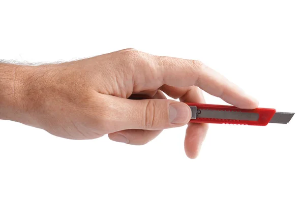 Man Red Utility Knife White Background — Stock Photo, Image