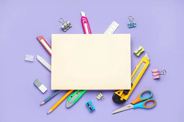 Blank Paper Sheet Utility Knives Stationery Violet Background — Stock Photo, Image