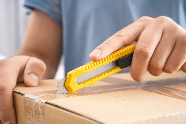 Man Opening Box Utility Box Closeup — Stock Photo, Image